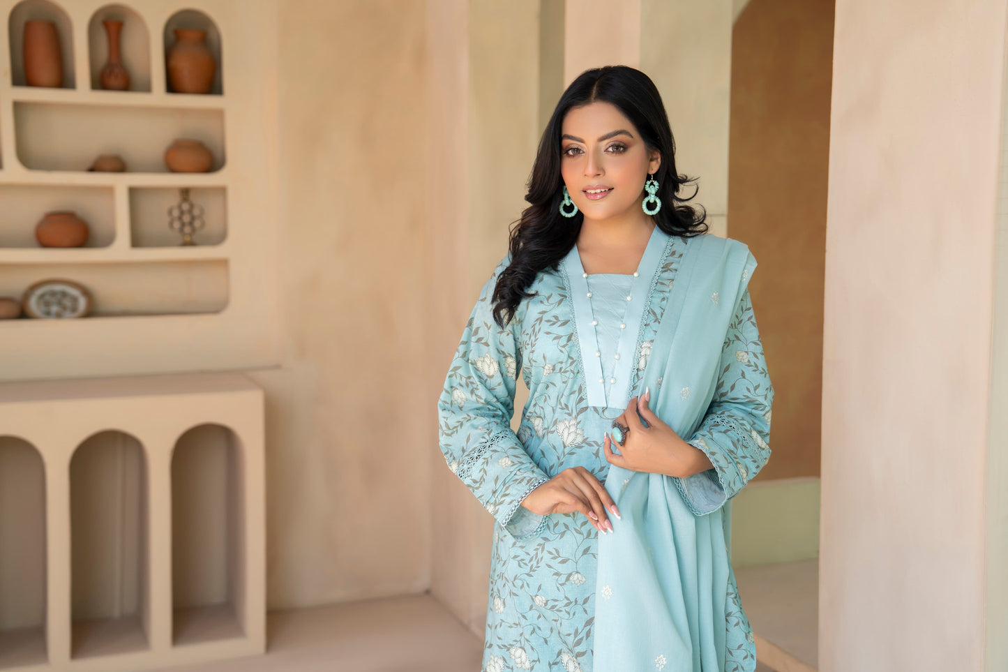 Elegant Light Blue 3-Piece Lawn Suit with Embroidered Dupatta| ZM-18