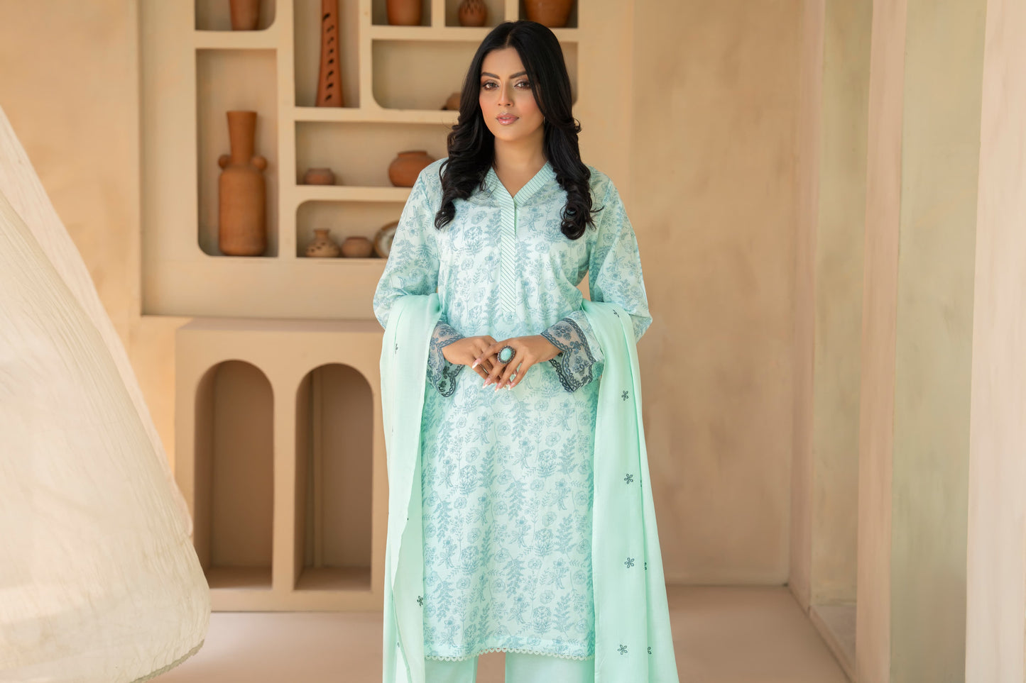 Elegant Aqua 3-Piece Lawn Suit with Embroidered Dupatta| ZM-19