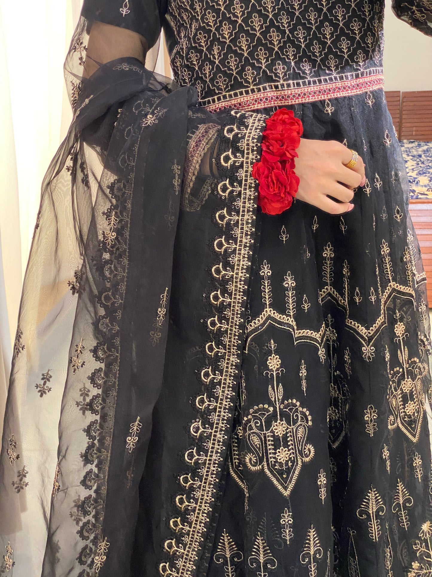 Black 3-Piece Luxury Pret Embroidered Organza Frock | ZM-21