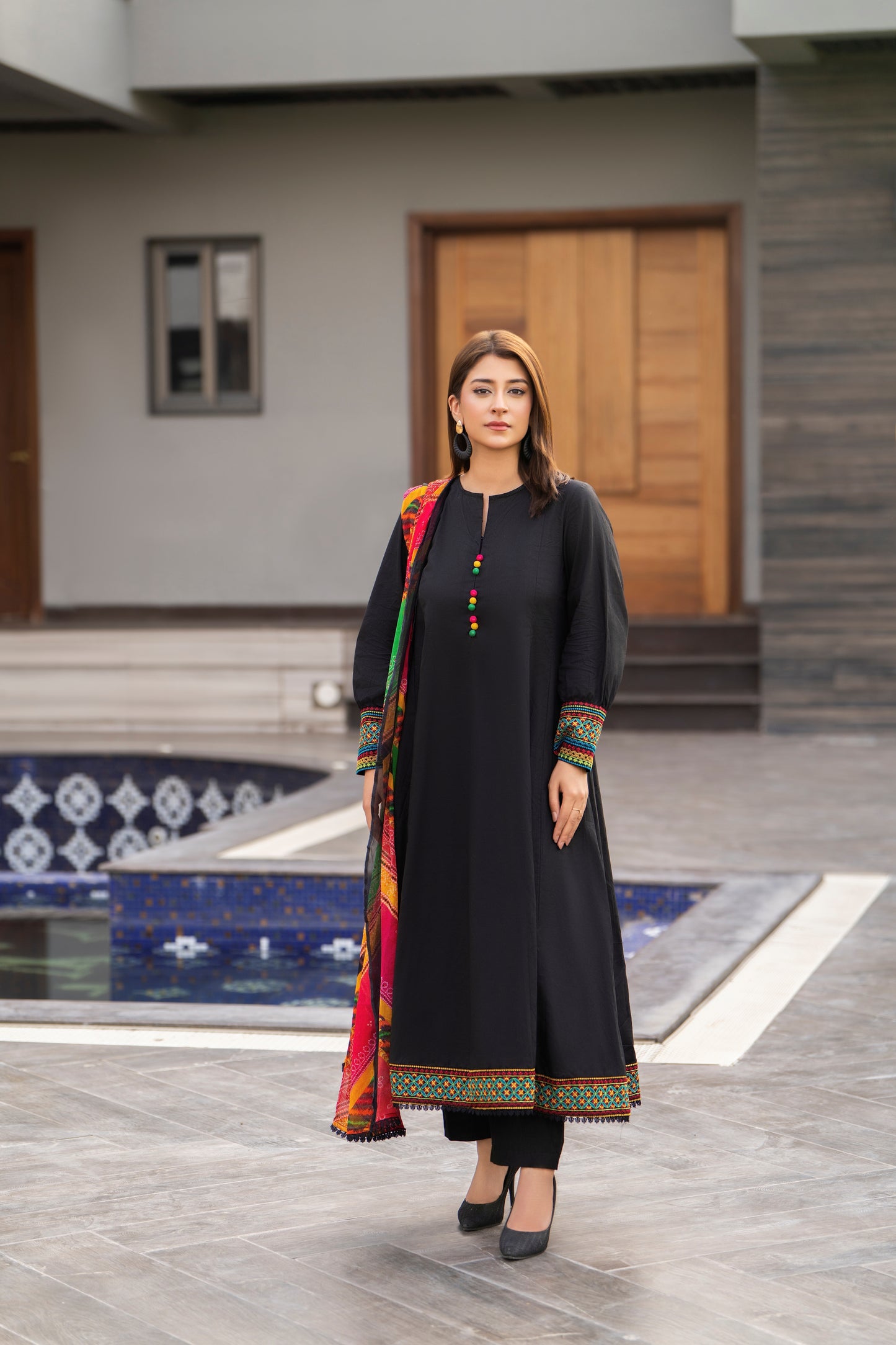 Black 3-Piece Embroidered Frock | ZM-35