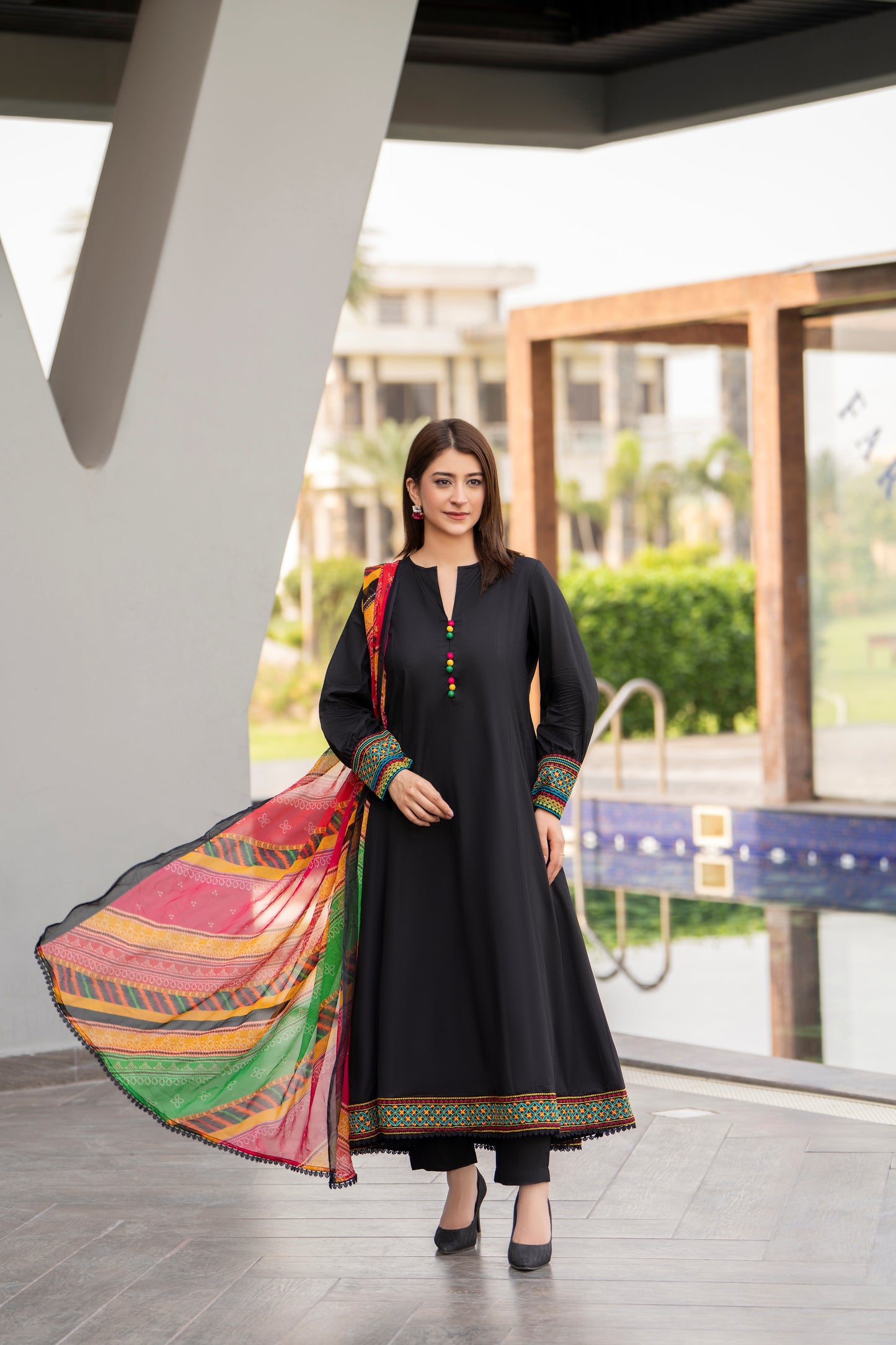 Black 3-Piece Embroidered Frock | ZM-35