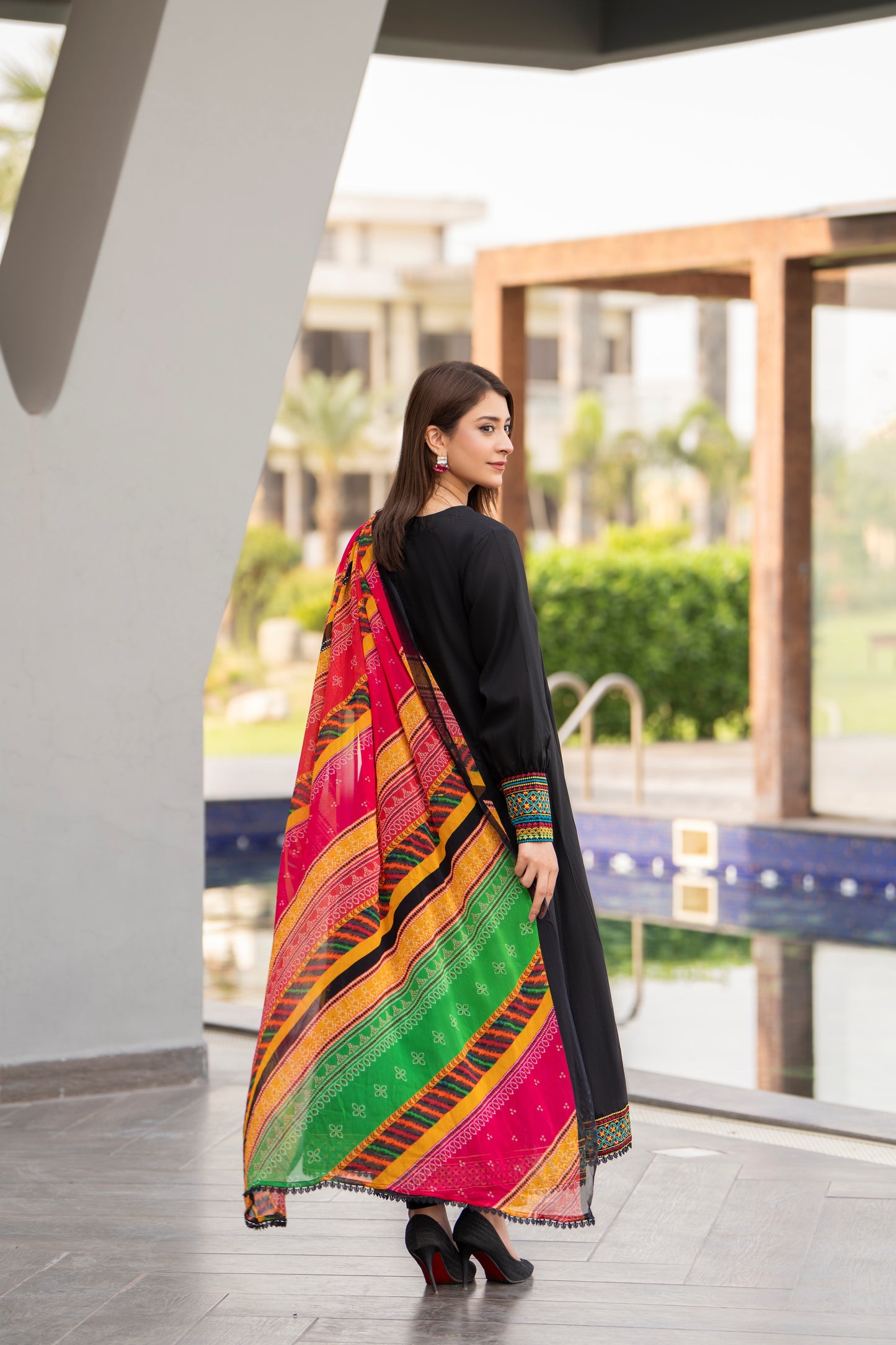 Black 3-Piece Embroidered Frock | ZM-35
