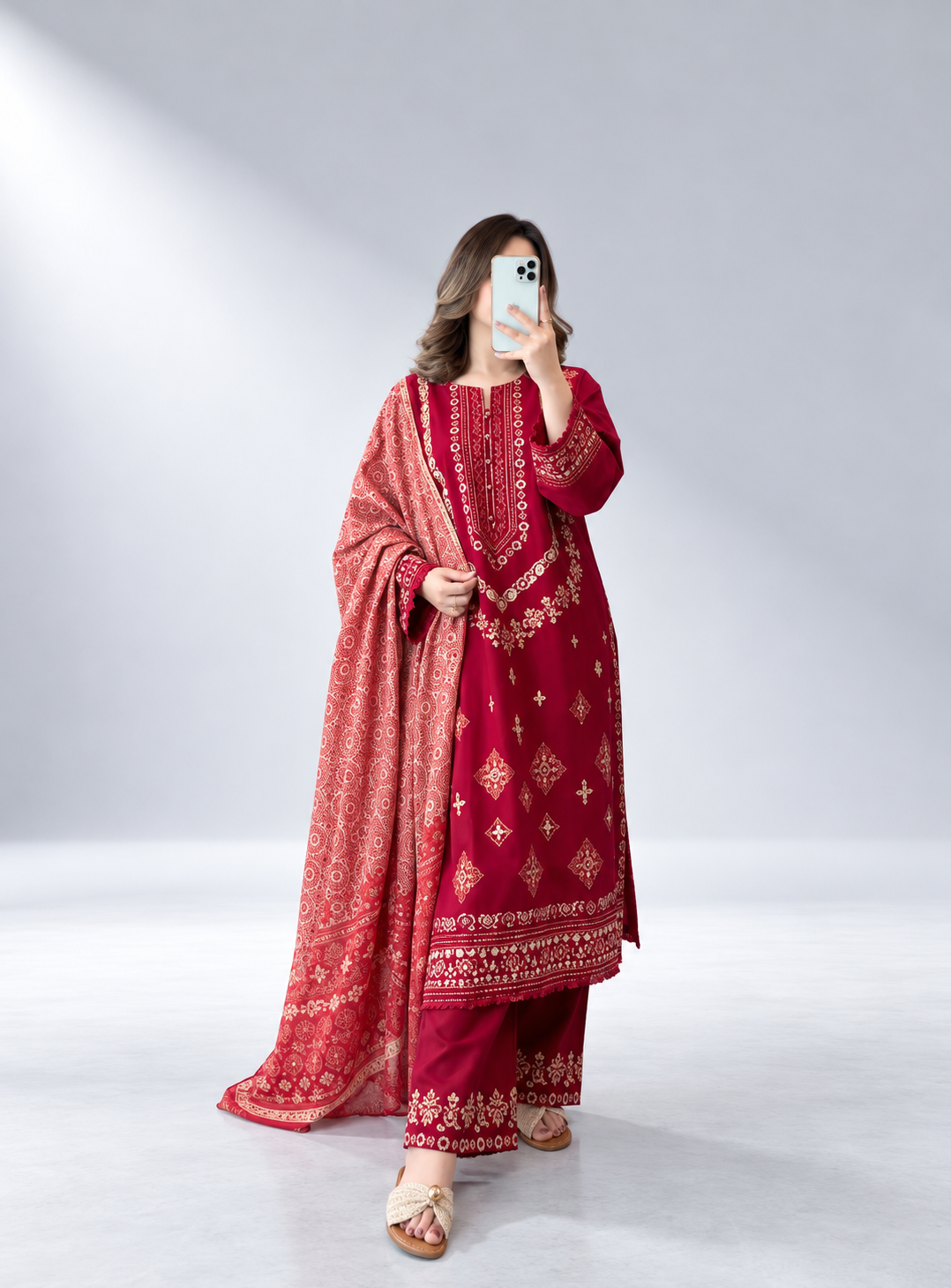 Ruby Red Embroidered 3-Piece Lawn Khaadi Suit | ZM-108