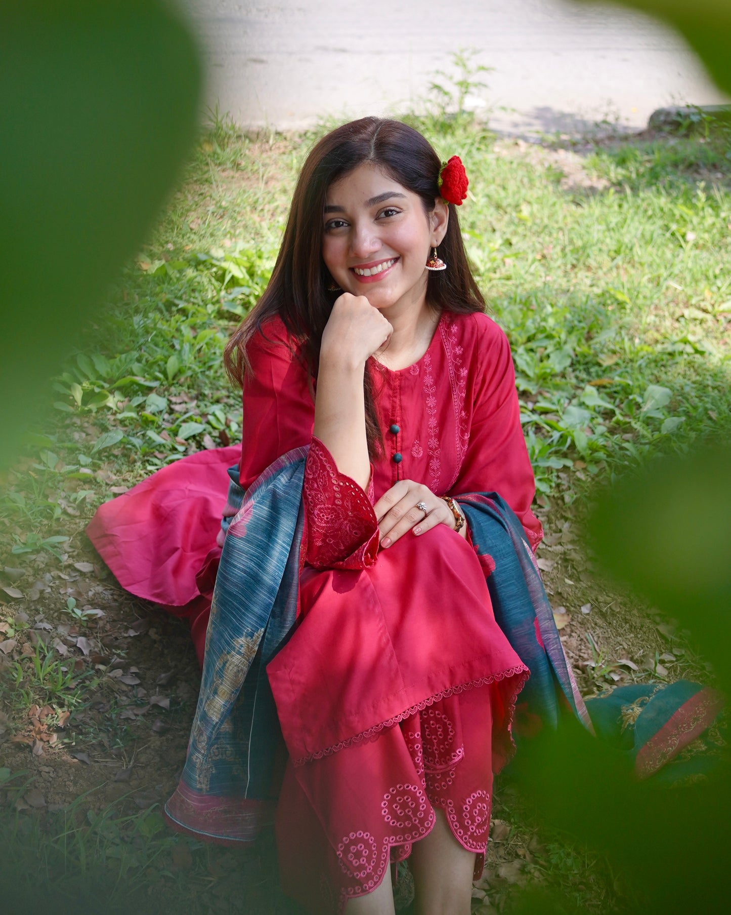 Crimson Red 3-Piece Embroidered Cotton Silk Suit | ZM-37