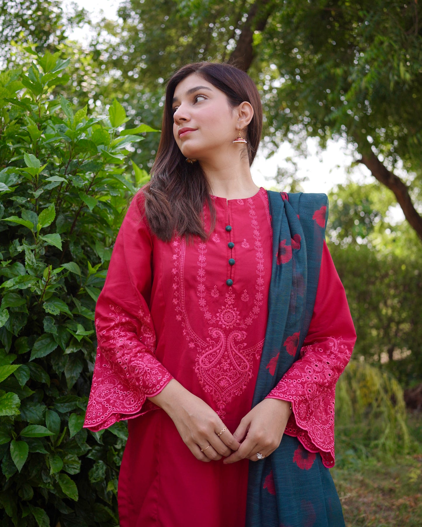 Crimson Red 3-Piece Embroidered Cotton Silk Suit | ZM-37