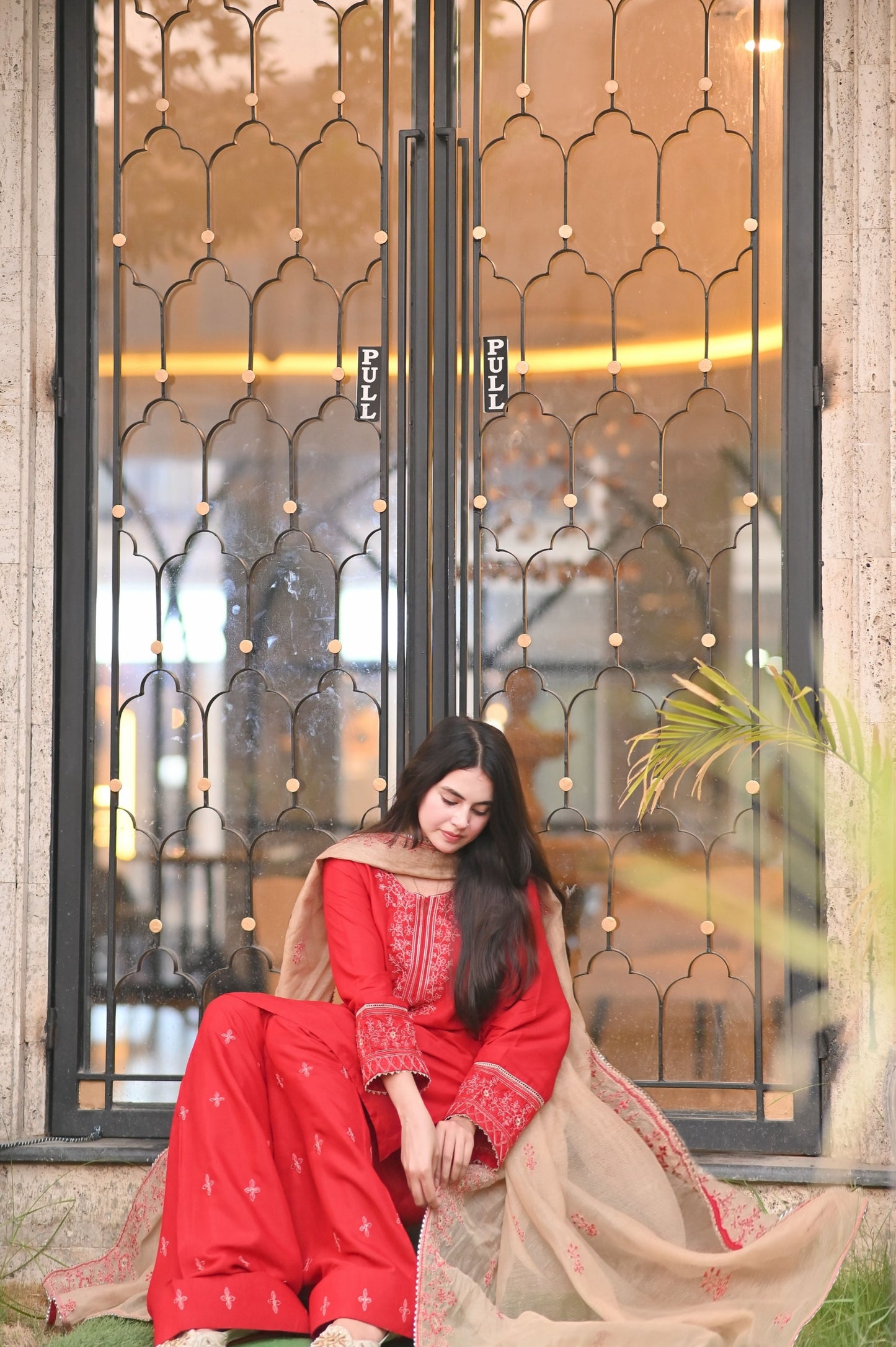 Celestial Red Raw Silk Embroidered 3-Piece Suit | ZM-99