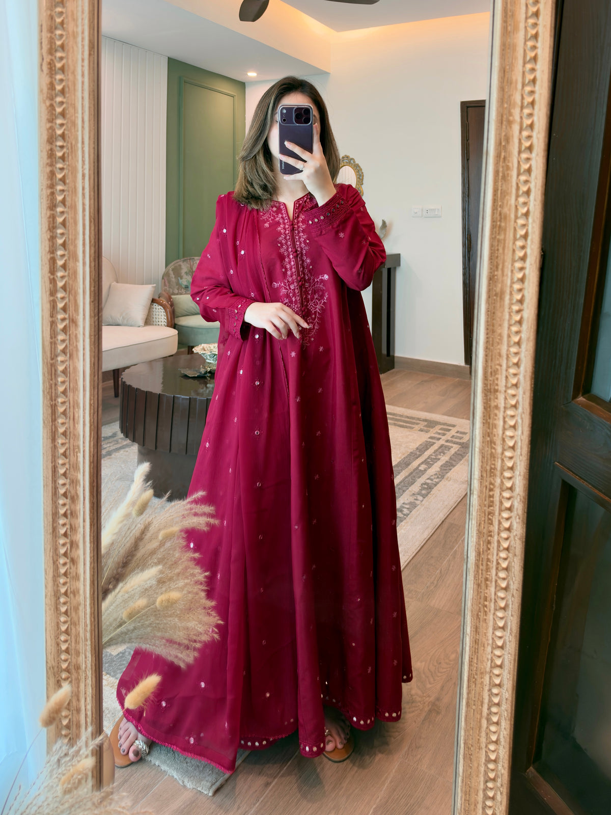 Wine Maroon Embroidered 3-Piece Raw Silk Party Wear Suit | ZM-110