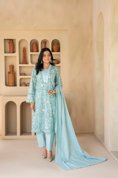 Elegant Light Blue 3-Piece Lawn Suit with Embroidered Dupatta| ZM-18