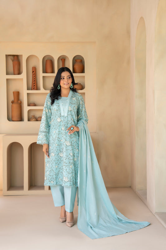Elegant Light Blue 3-Piece Lawn Suit with Embroidered Dupatta| ZM-18