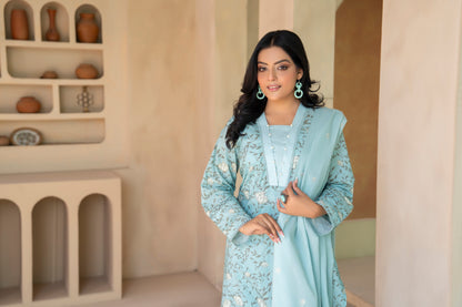 Elegant Light Blue 3-Piece Lawn Suit with Embroidered Dupatta| ZM-18