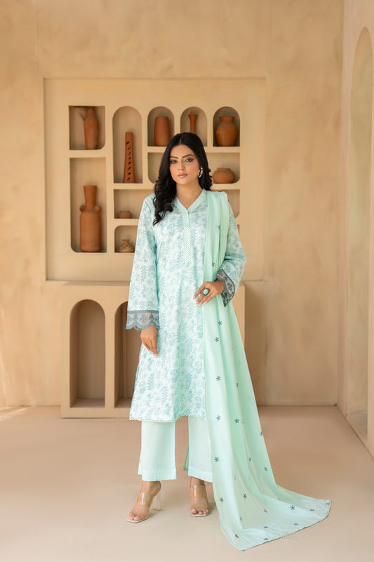 Elegant Aqua 3-Piece Lawn Suit with Embroidered Dupatta| ZM-19