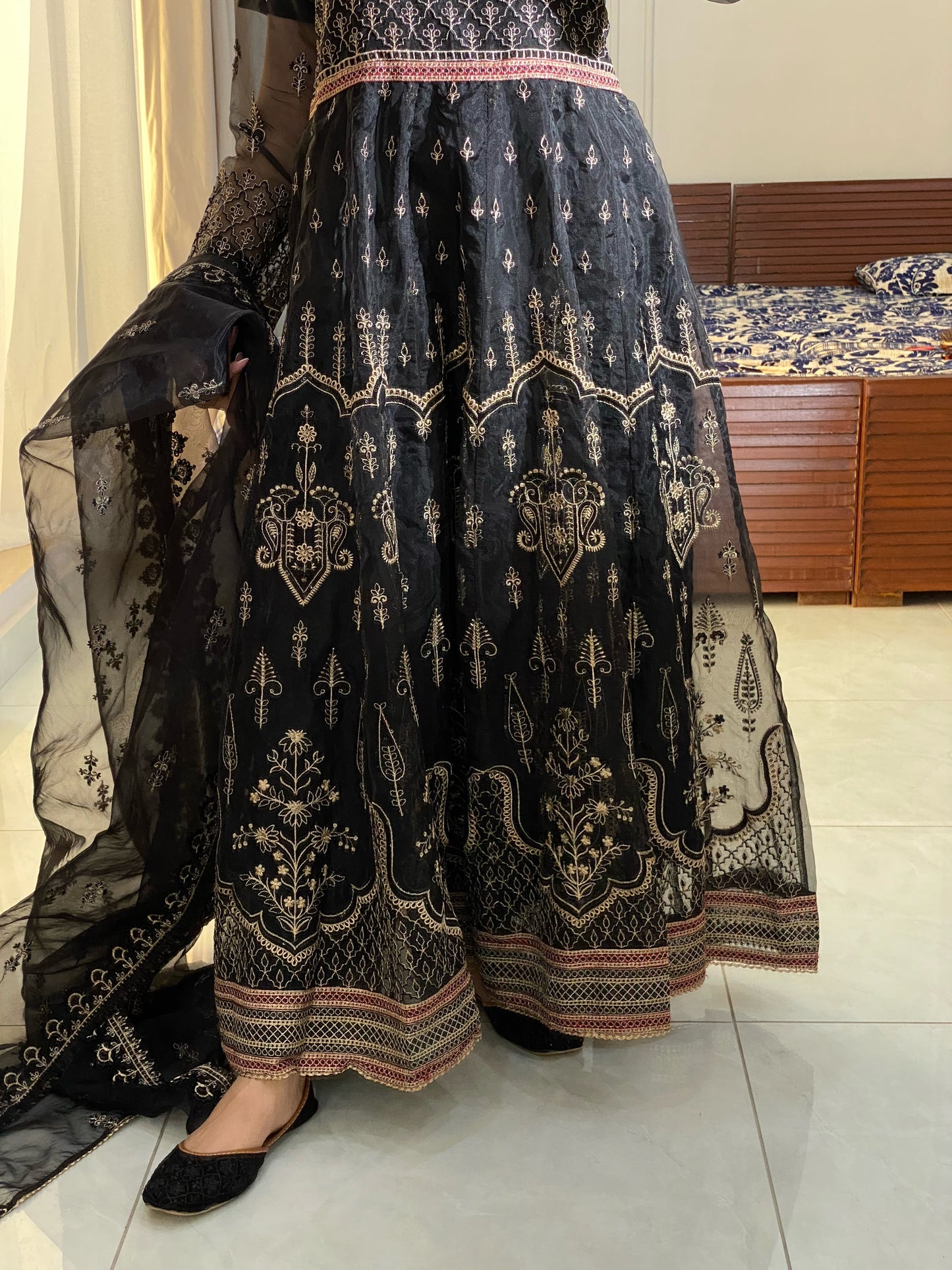 Black 3-Piece Luxury Pret Embroidered Organza Frock | ZM-21