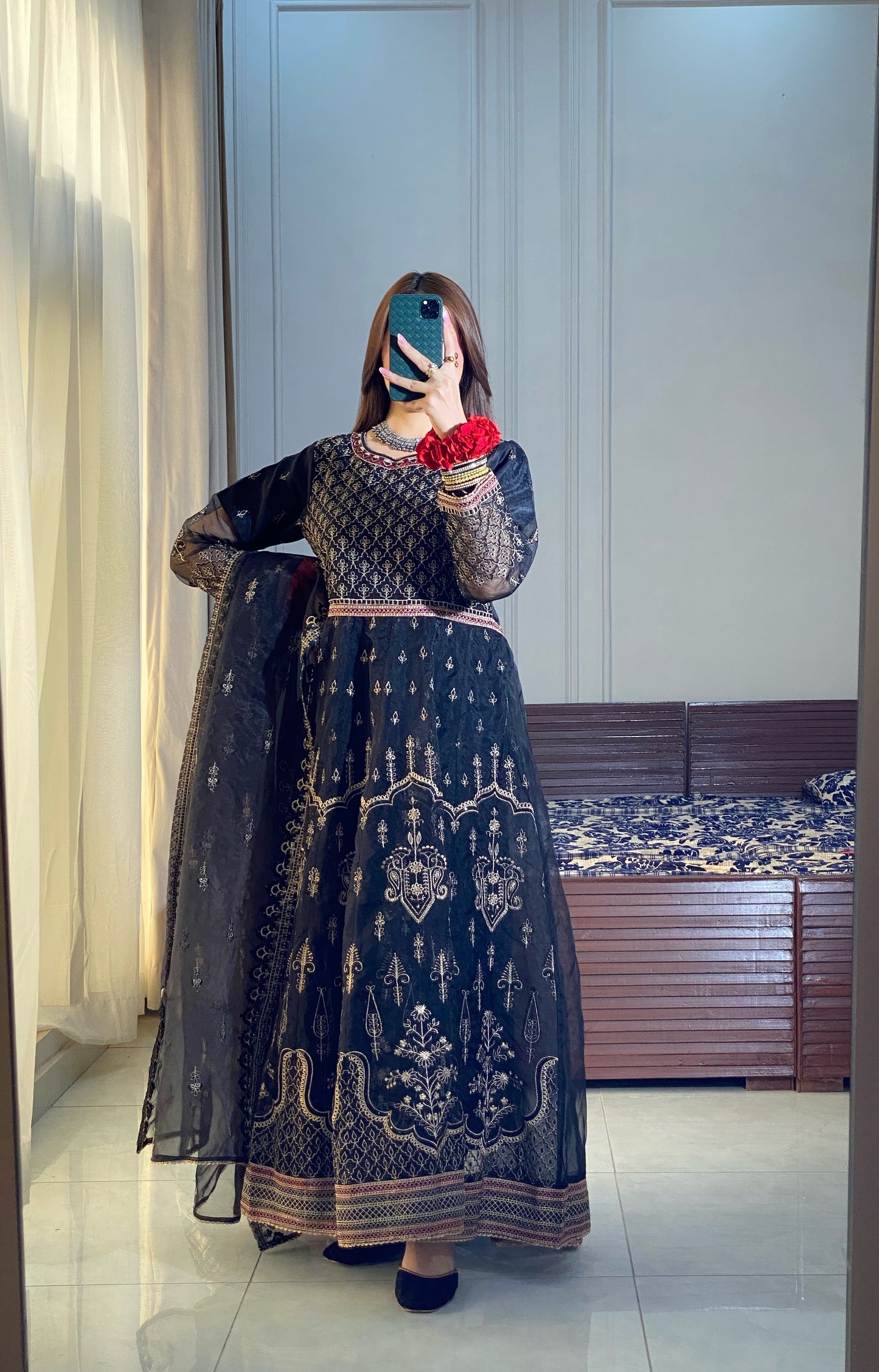 Black 3-Piece Luxury Pret Embroidered Organza Frock | ZM-21