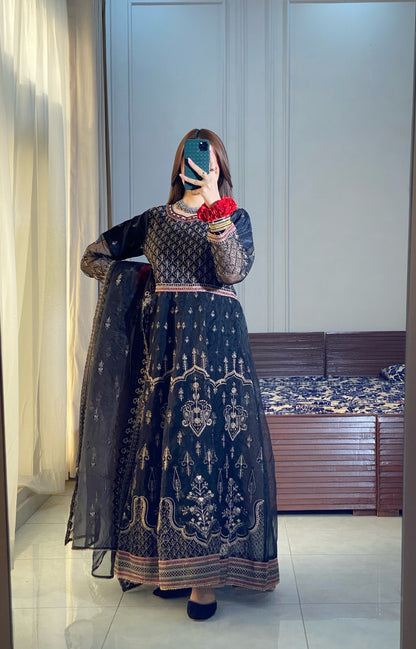 Black 3-Piece Luxury Pret Embroidered Organza Frock | ZM-21