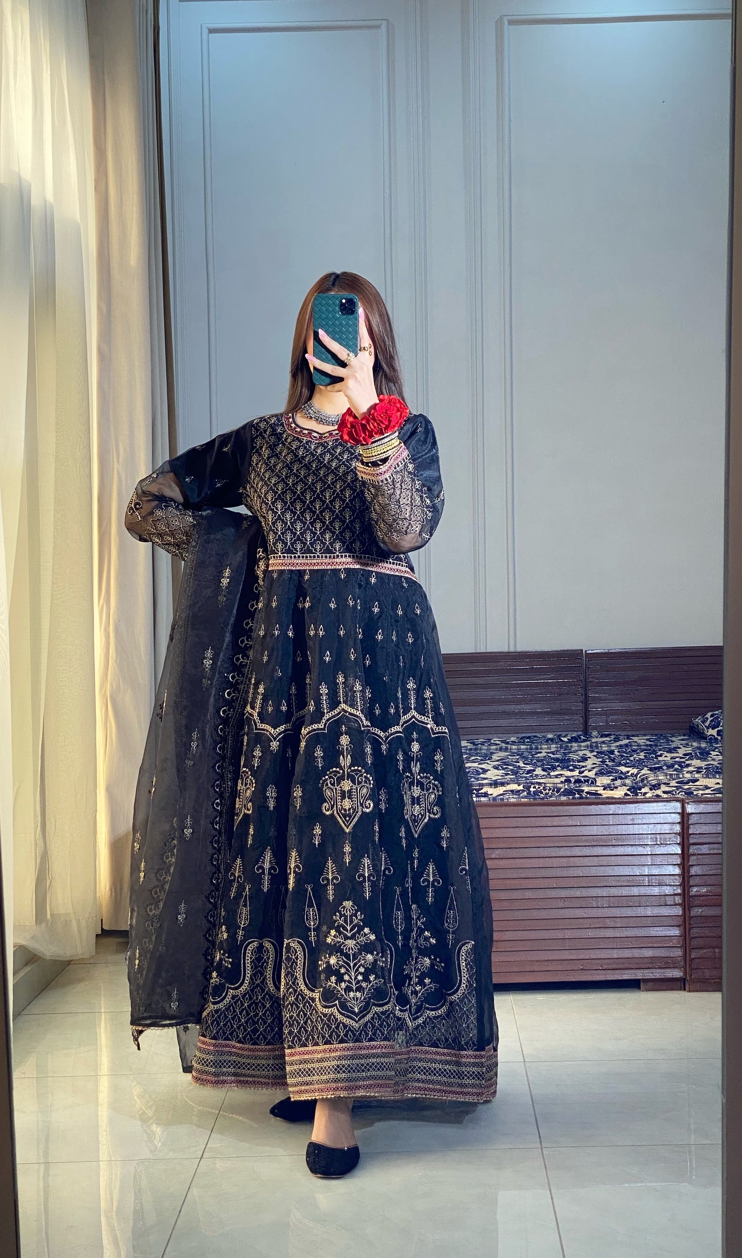 Black 3-Piece Luxury Pret Embroidered Organza Frock | ZM-21