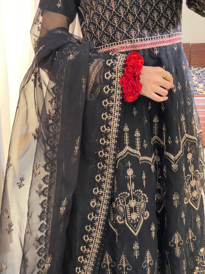Black 3-Piece Luxury Pret Embroidered Organza Frock | ZM-21