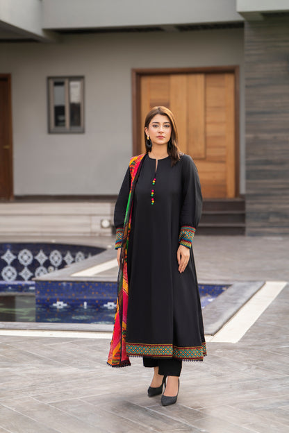 Black 3-Piece Embroidered Frock | ZM-35