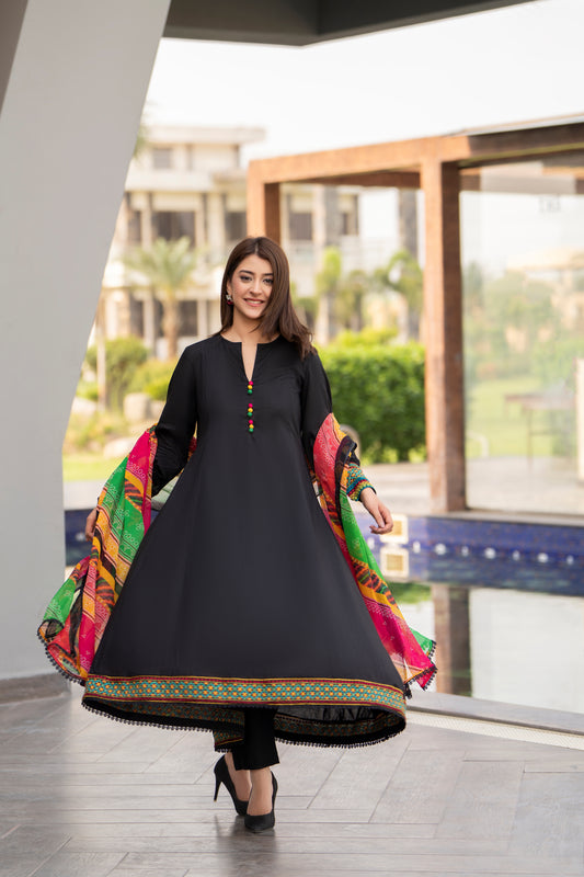 Black 3-Piece Embroidered Frock | ZM-35