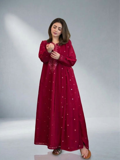 Wine Maroon Embroidered 3-Piece Raw Silk Party Wear Suit | ZM-110