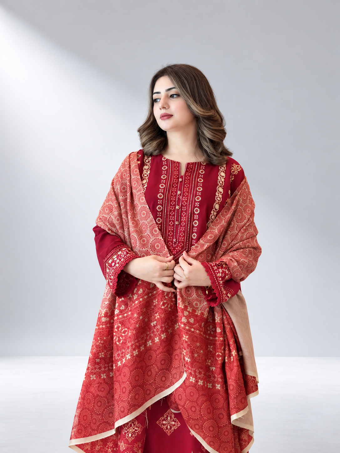 Ruby Red Embroidered 3-Piece Lawn Khaadi Suit | ZM-108