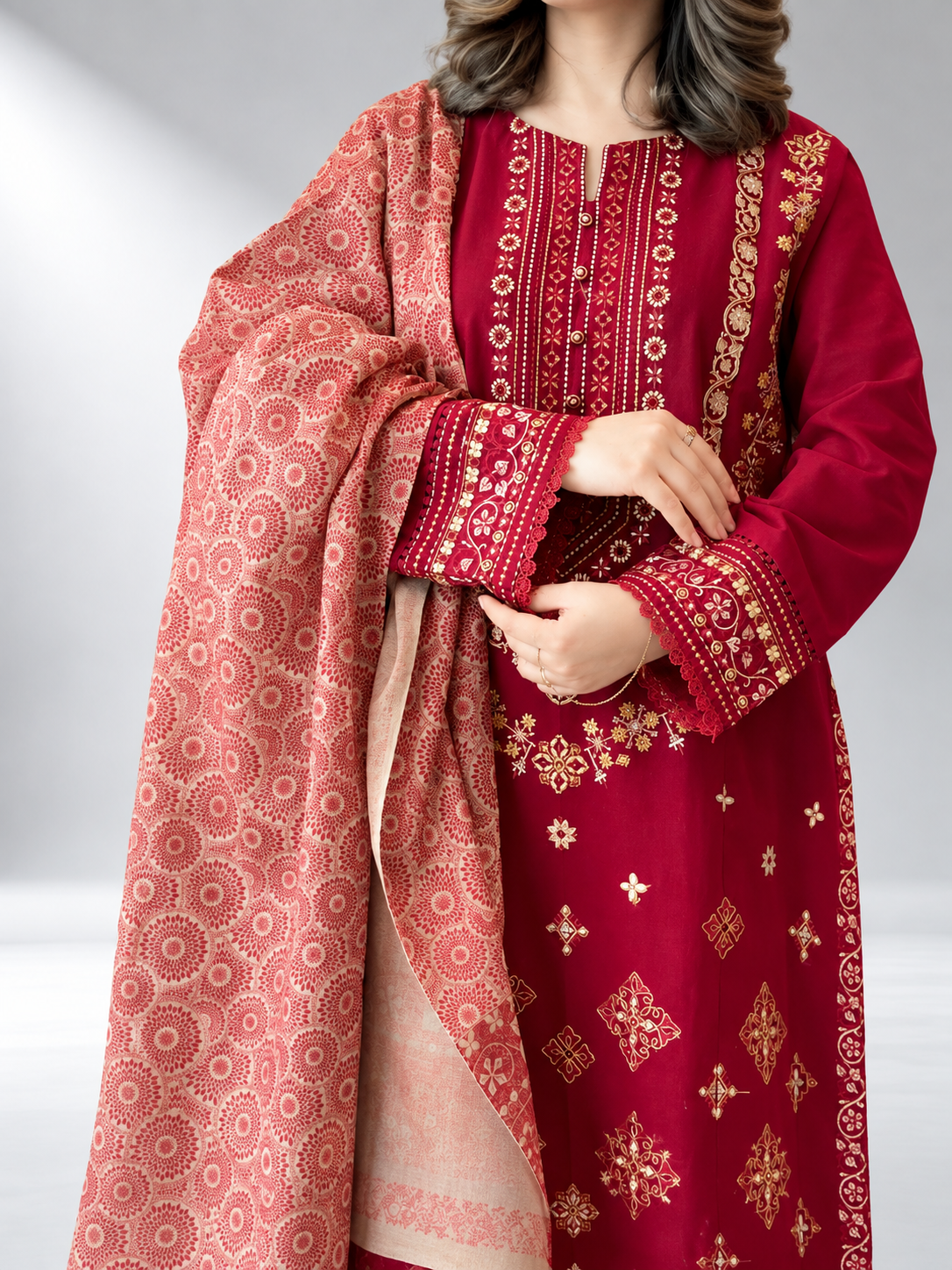 Ruby Red Embroidered 3-Piece Lawn Khaadi Suit | ZM-108