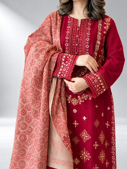Ruby Red Embroidered 3-Piece Lawn Khaadi Suit | ZM-108