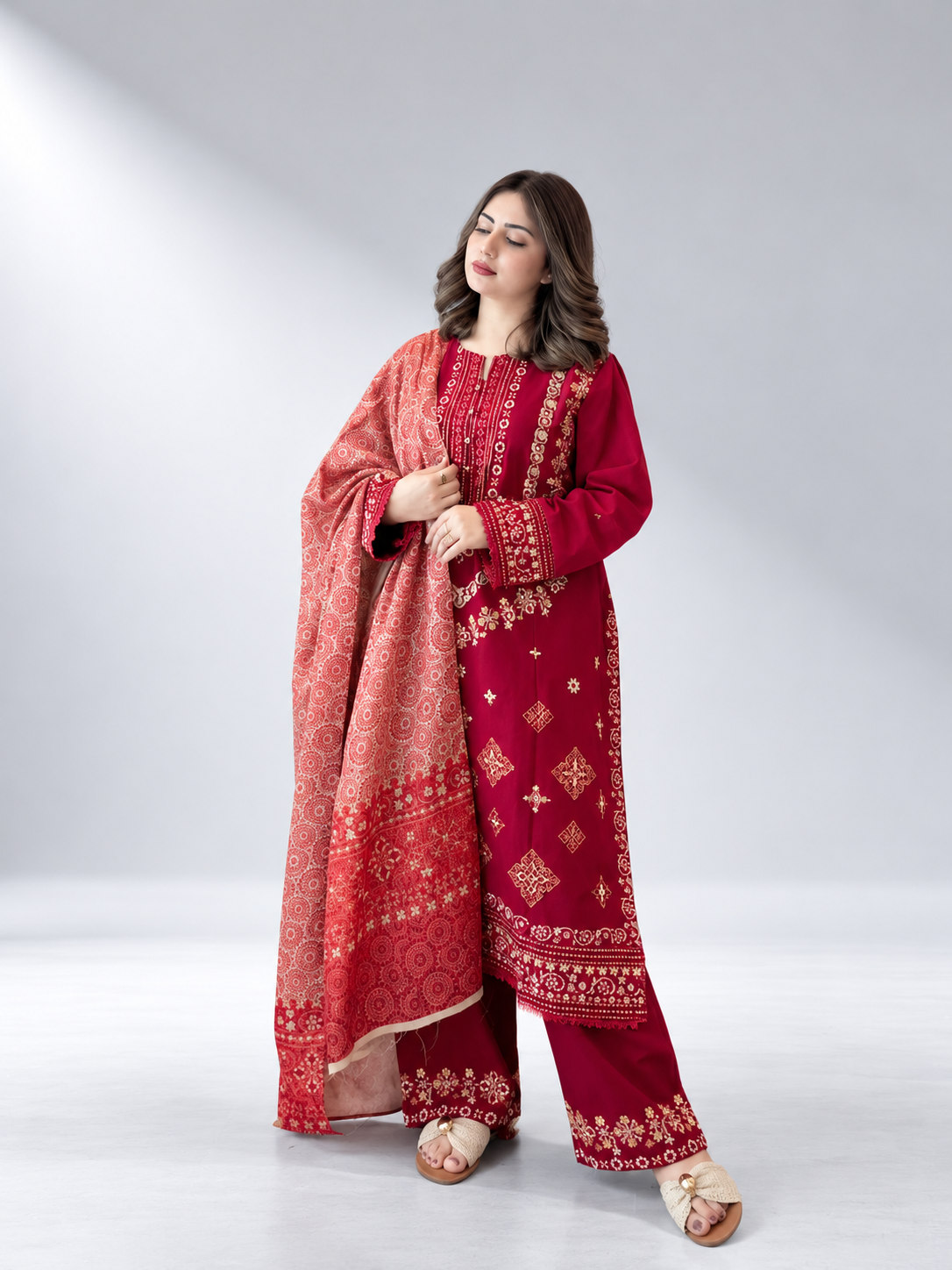 Ruby Red Embroidered 3-Piece Lawn Khaadi Suit | ZM-108