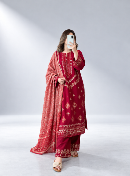 Ruby Red Embroidered 3-Piece Lawn Khaadi Suit | ZM-108