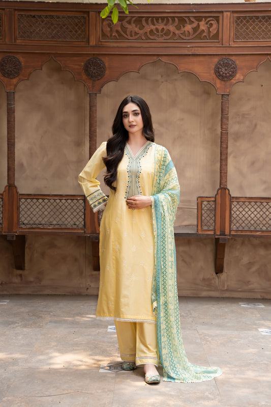 Celeste Light Yellow Embroidered 3-Piece Suit | ZM-91