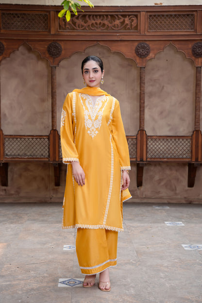 Saffron Yellow Embroidered 3-Piece Suit | ZM-85