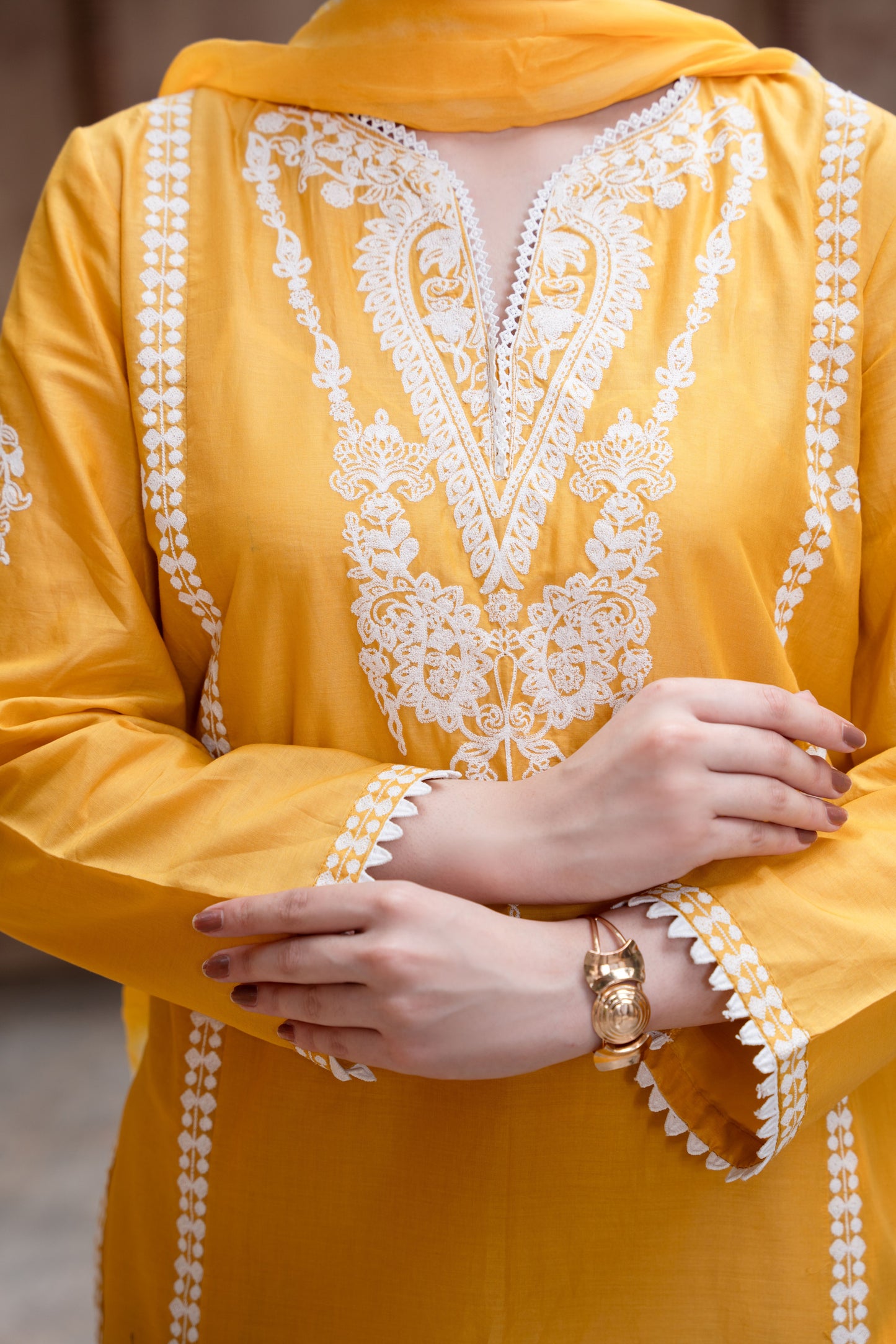 Saffron Yellow Embroidered 3-Piece Suit | ZM-85