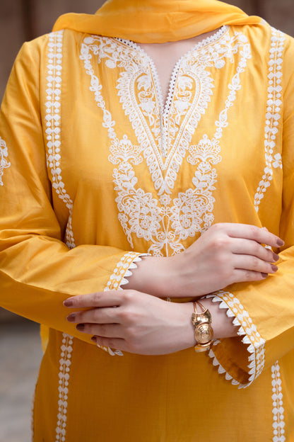 Saffron Yellow Embroidered 3-Piece Suit | ZM-85