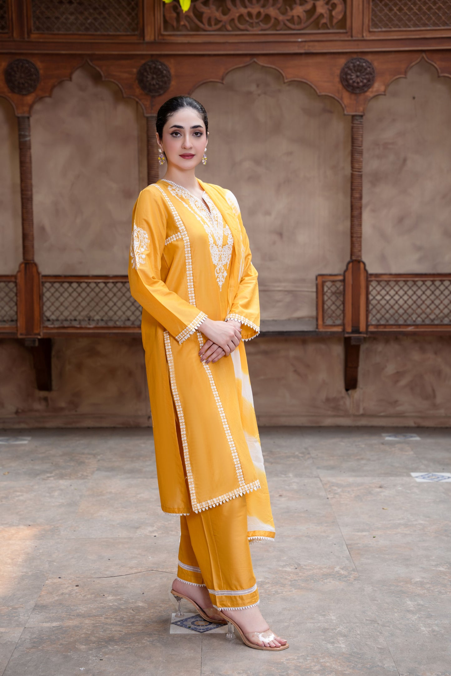 Saffron Yellow Embroidered 3-Piece Suit | ZM-85