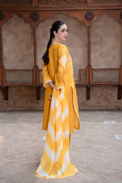 Saffron Yellow Embroidered 3-Piece Suit | ZM-85