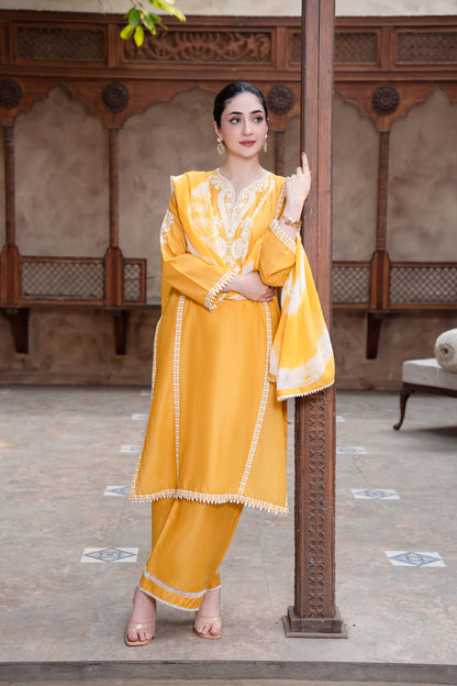 Saffron Yellow Embroidered 3-Piece Suit | ZM-85