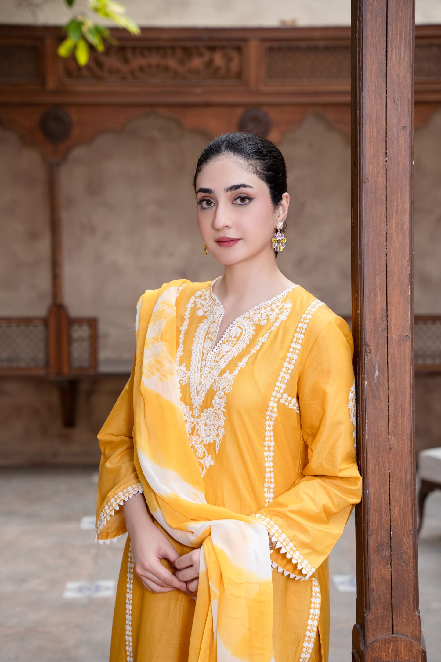 Saffron Yellow Embroidered 3-Piece Suit | ZM-85