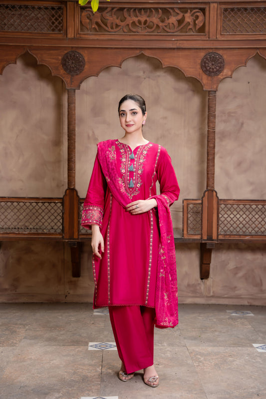 Shocking Pink Embroidered 3-Piece Suit | ZM-82