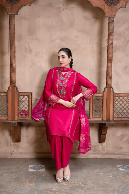 Shocking Pink Embroidered 3-Piece Suit | ZM-82