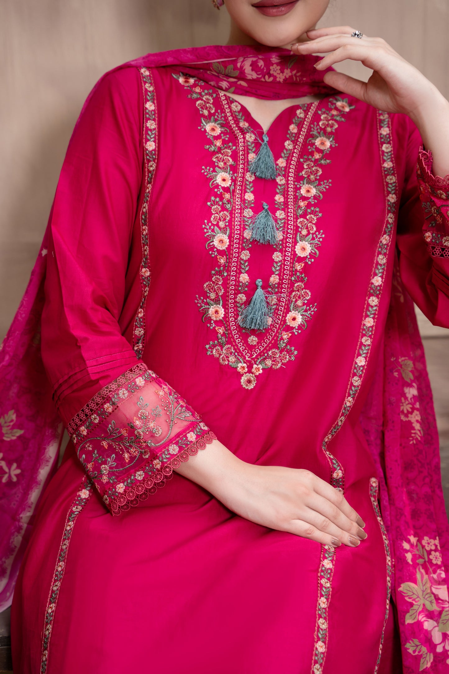 Shocking Pink Embroidered 3-Piece Suit | ZM-82