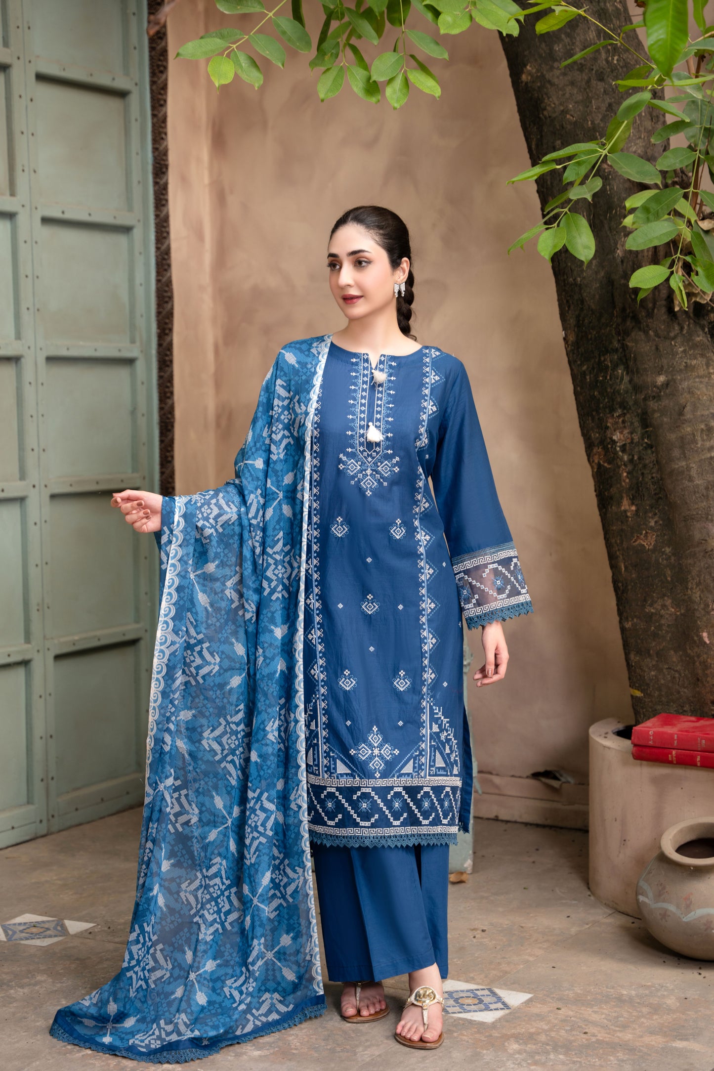 Zinc Blue Embroidered 3-Piece Suit | ZM-84