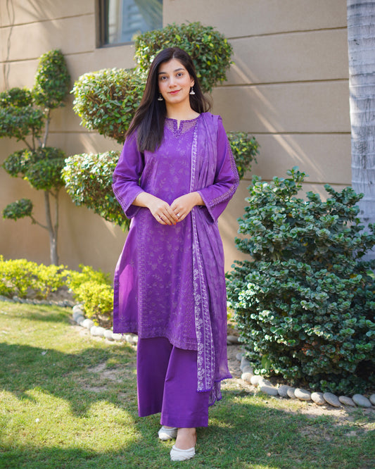 Royal Purple Premium Cambric Dobby 3-Piece Embroidered Suit | ZM-38