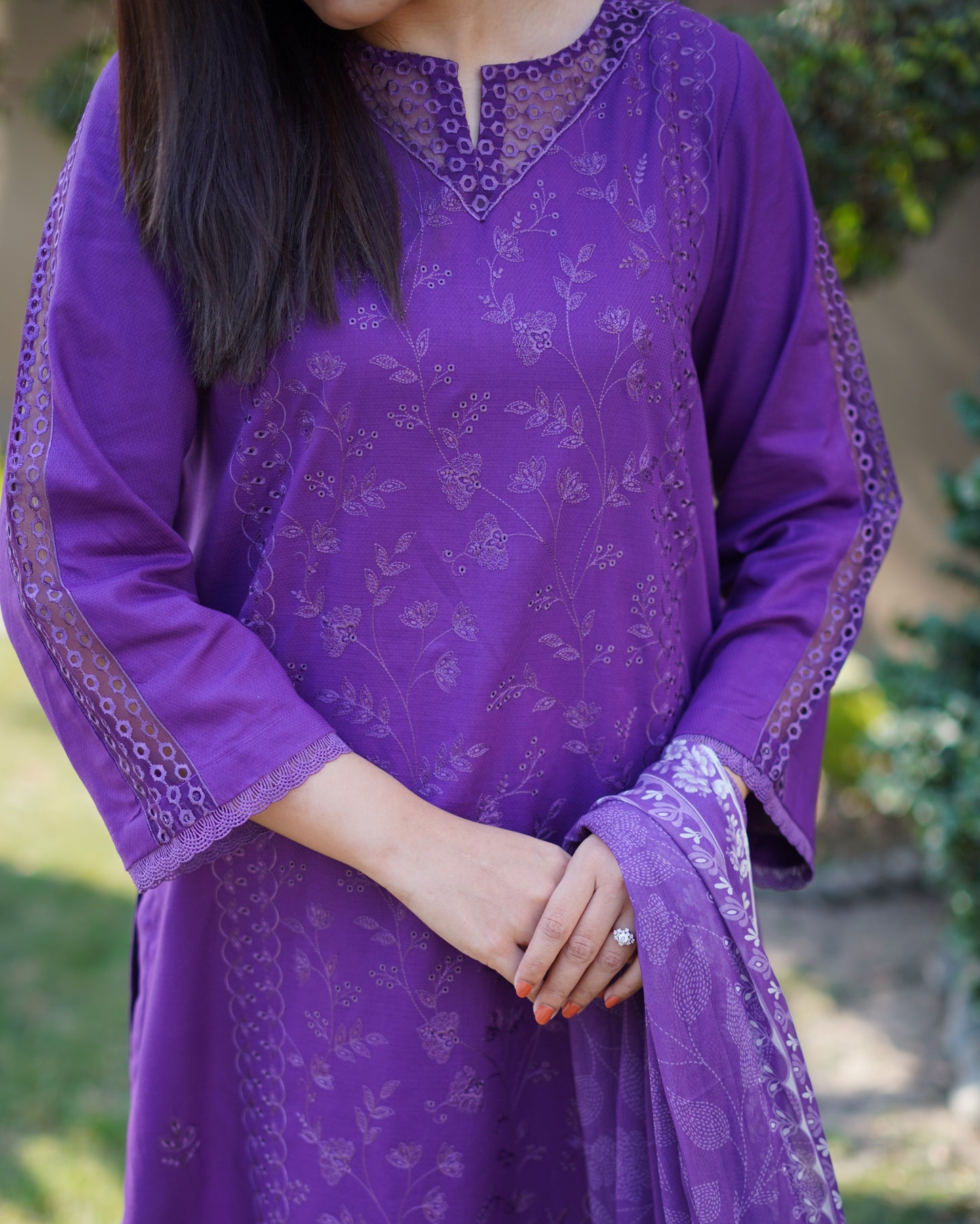 Royal Purple Premium Cambric Dobby 3-Piece Embroidered Suit | ZM-38