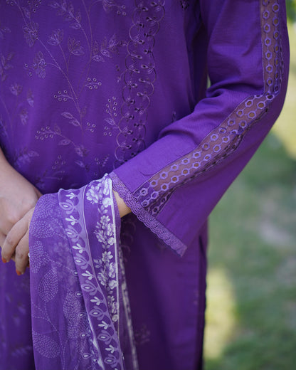 Royal Purple Premium Cambric Dobby 3-Piece Embroidered Suit | ZM-38