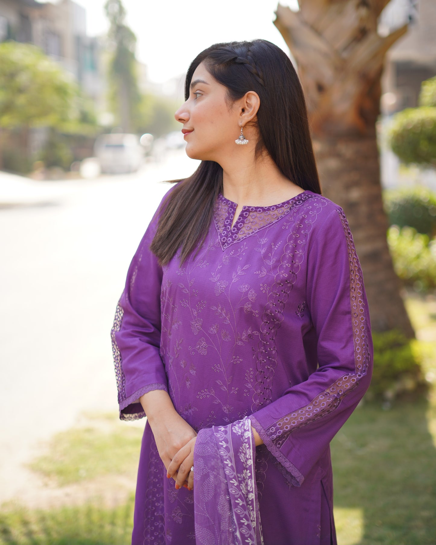 Royal Purple Premium Cambric Dobby 3-Piece Embroidered Suit | ZM-38