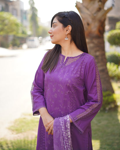 Royal Purple Premium Cambric Dobby 3-Piece Embroidered Suit | ZM-38