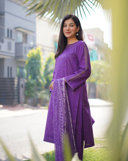 Royal Purple Premium Cambric Dobby 3-Piece Embroidered Suit | ZM-38