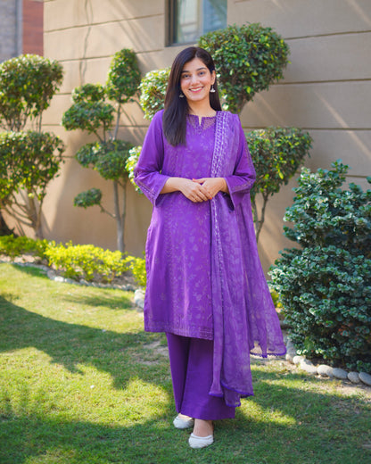 Royal Purple Premium Cambric Dobby 3-Piece Embroidered Suit | ZM-38
