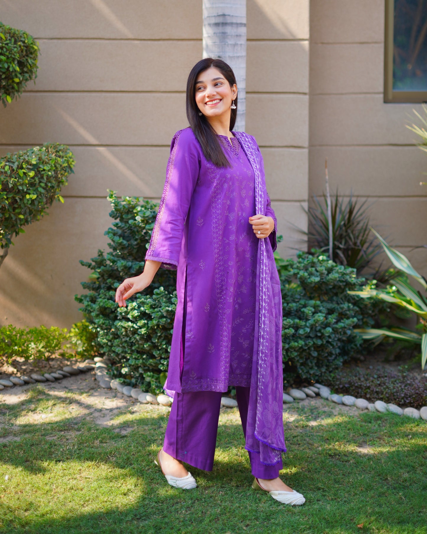 Royal Purple Premium Cambric Dobby 3-Piece Embroidered Suit | ZM-38