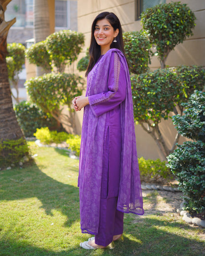 Royal Purple Premium Cambric Dobby 3-Piece Embroidered Suit | ZM-38