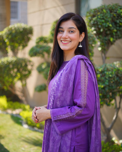 Royal Purple Premium Cambric Dobby 3-Piece Embroidered Suit | ZM-38